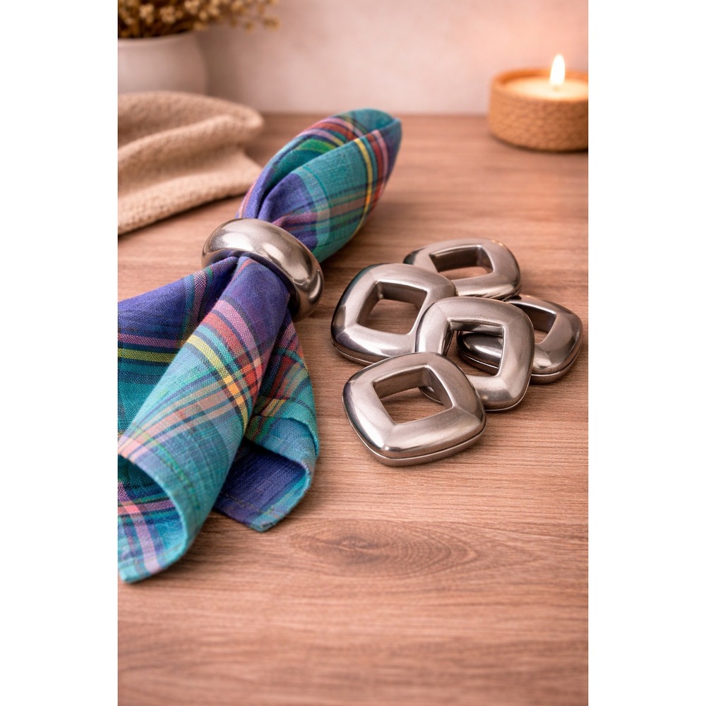 6 Pottery Barn Silver Metal Square Industrial Napkin Rings‎ Heavy Brutalist